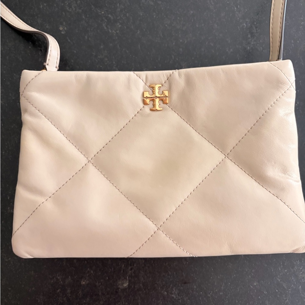 Tory Burch Kira Diamond Quilt Cream Leather Crossbody with Gold Logo